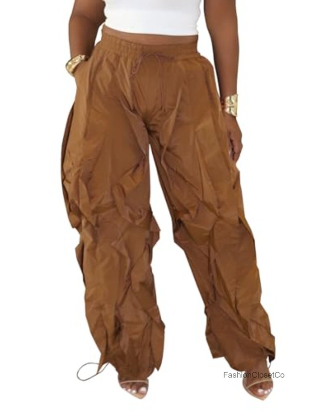 Womens Baggy Ruffle Fringe Pants Drawstring Elastic Waist Barrel Lantern